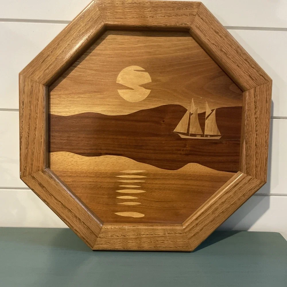 Inlaid Wood Sailboat Scene Octagon Tray 